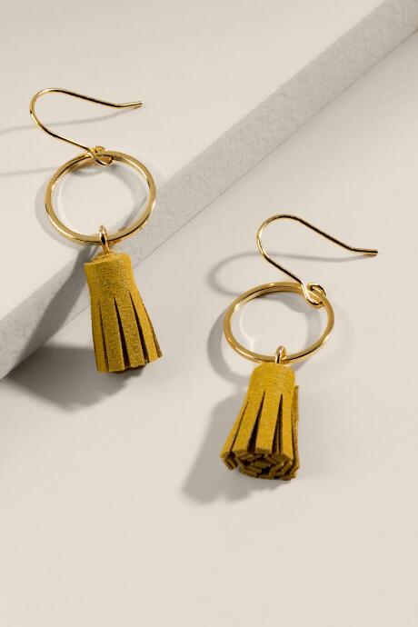 Francesca's Mindie Leather Tassel Earrings - Mustard