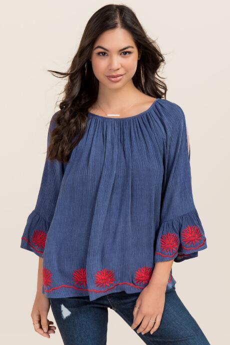 Blue Rain Naomi Cold Shoulder Embroidered Hem Top - Chambray