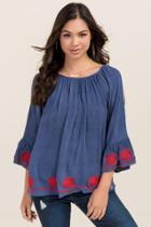 Blue Rain Naomi Cold Shoulder Embroidered Hem Top - Chambray