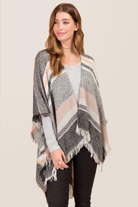 Francesca's Edna Natural Striped Ruana - Taupe