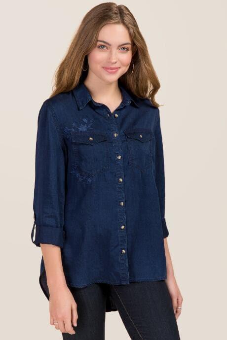 Harper Haren Floral Embroidery Tencel Button Down Top - Navy