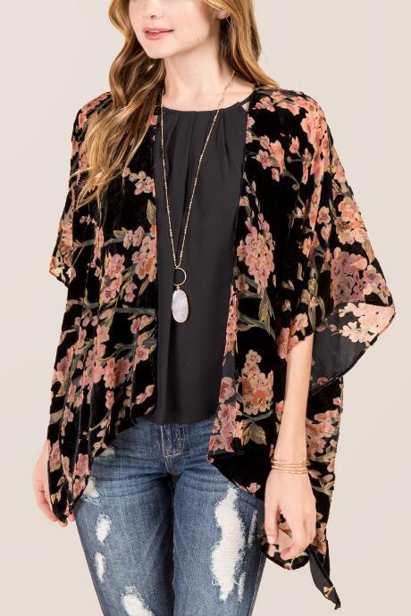 Francesca's Brandy Floral Velvet Burnout Ruana - Black