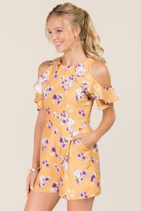Mi Ami Tierra Cold Shoulder Floral Romper - Yellow