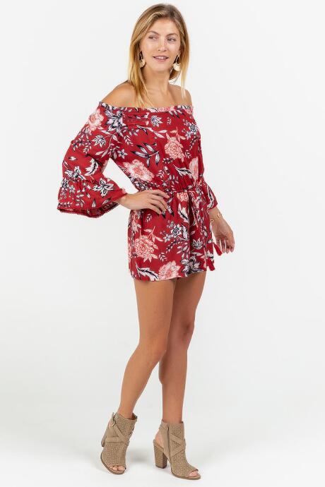 Francesca's Keaton Floral Off The Shoulder Romper - Red