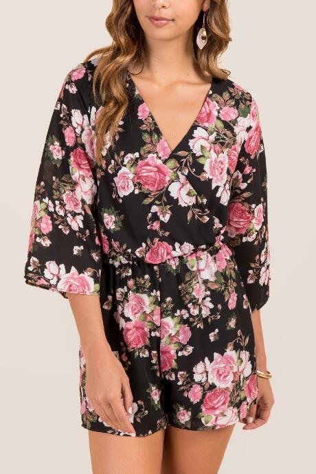 Francesca's Rosely Sweet Floral Romper - Black