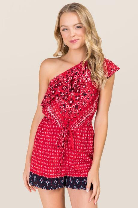 Francesca's Hannah Bandana Print Romper - Red