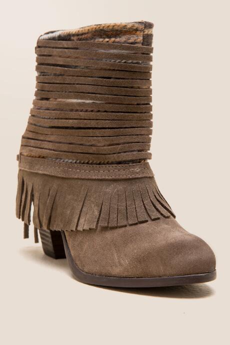 Naughty Monkey Tallyhoe Yarn & Fringe Bootie - Taupe