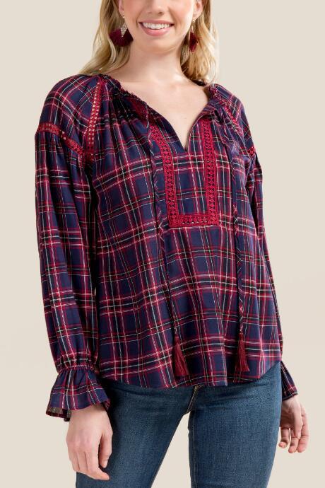 Francesca Inchess Molly Crochet Detail Plaid Blouse - Ink Navy