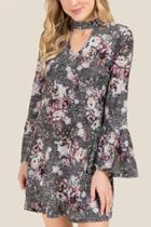 Alya Racquel Floral Bell Sleeve Knit Dress - Gray
