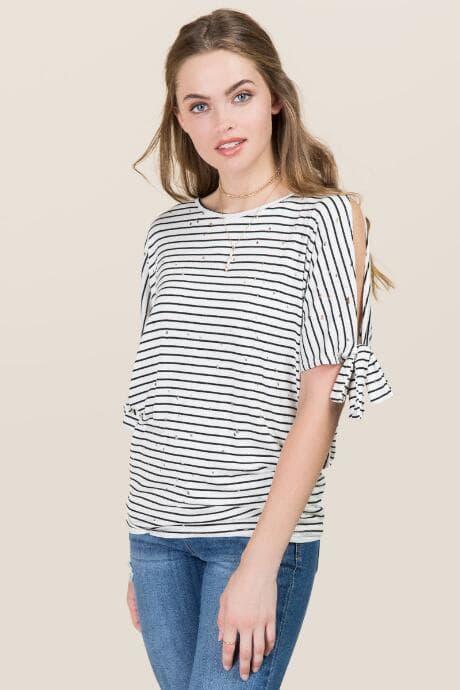 Alya Catherine Striped Tie Sleeve Distressed Knit Tee - Black/white