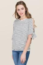 Alya Catherine Striped Tie Sleeve Distressed Knit Tee - Black/white