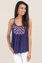 Blue Rain Elysia Floral Embroidered Yoke Tank - Navy