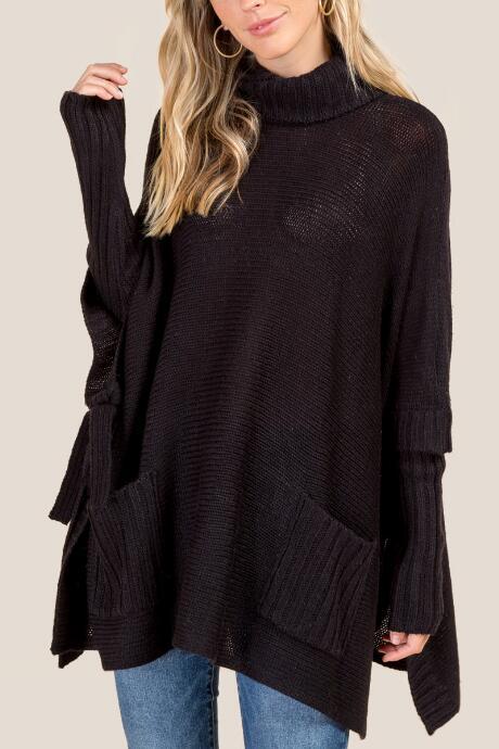 Francesca's Regina Long Sleeve Cowl Poncho - Black