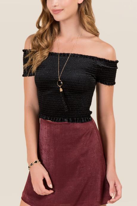 Francesca's Scarlett Velvet Smocked Off The Shoulder Top - Black