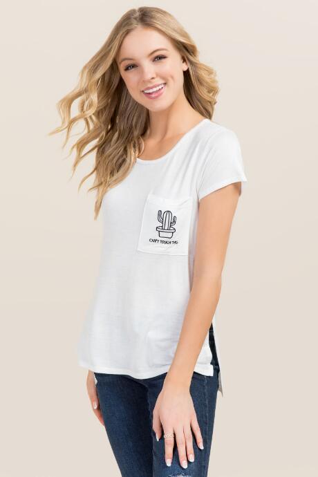 Ayla Can't Touch This Cactus Embroidered Pocket Tee - Ivory