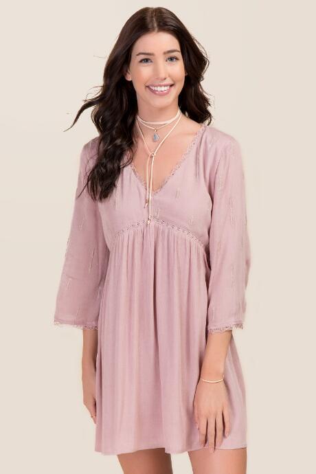 Francesca's Lindsay Lace Trim Embroidery Dress - Mauve