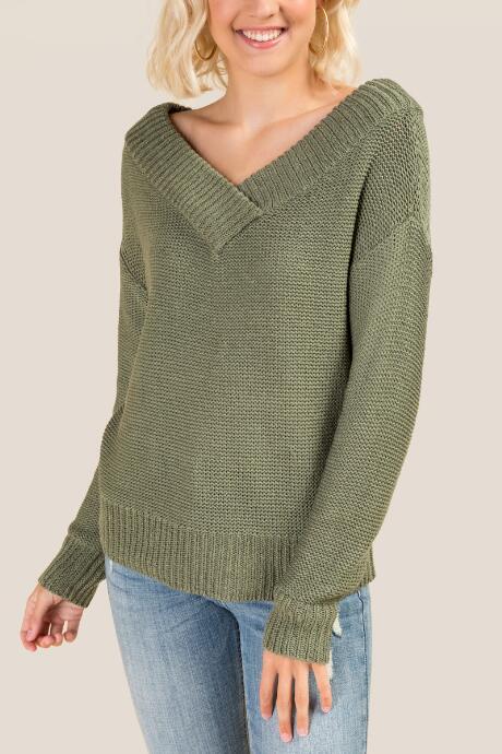 Francesca's Kallista V Neck Sweater - Olive