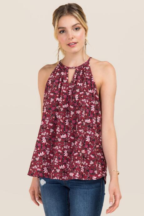 Francesca's Spencer High Neck Key Hole Floral Print Tank - Burgundy