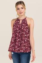 Francesca's Spencer High Neck Key Hole Floral Print Tank - Burgundy