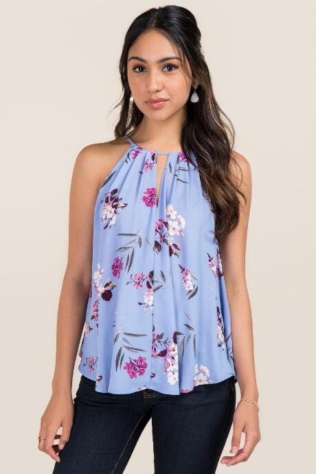 Lush High Neck Keyhole Floral Tank - Oxford Blue