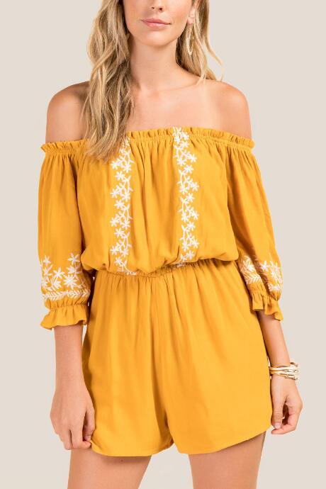 Francesca's Shae Off-the-shoulder Embroidered Romper - Marigold