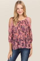 Trixxi Juli Floral Pleated Cold Shoulder Lace Top - Rose