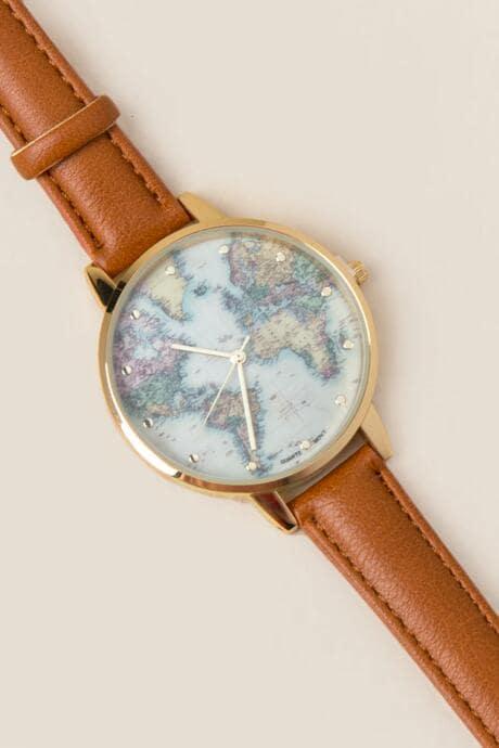 Francesca's Dana World Map Watch - Cognac