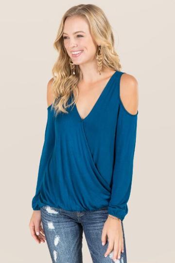 Jolie Clothing, Inc. Joleen Long Sleeve Surplus Cold Shoulder Top - Peacock