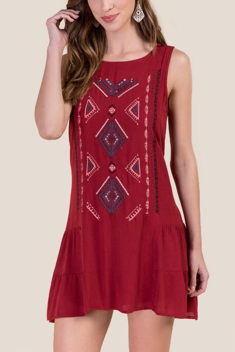 Francesca's Katie Embroidered Drop Waist Dress - Brick