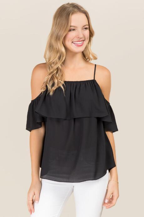 Blue Rain Iesha Ruffle Cold Shoulder Top - Black