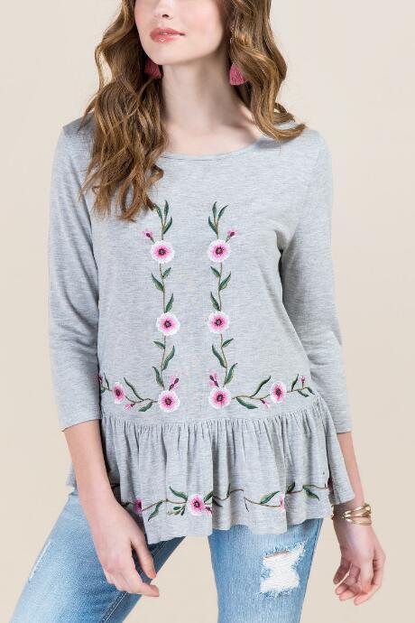 Francesca Inchess Bailey Floral Embroidery Peplum Top - Heather Gray