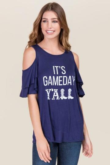 Sweet Claire Inc. It's Gameday Yall Double Ruffle Graphic Tee - Blue