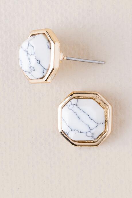 Francesca's Eisley Marble Hex Stud Earrings - White