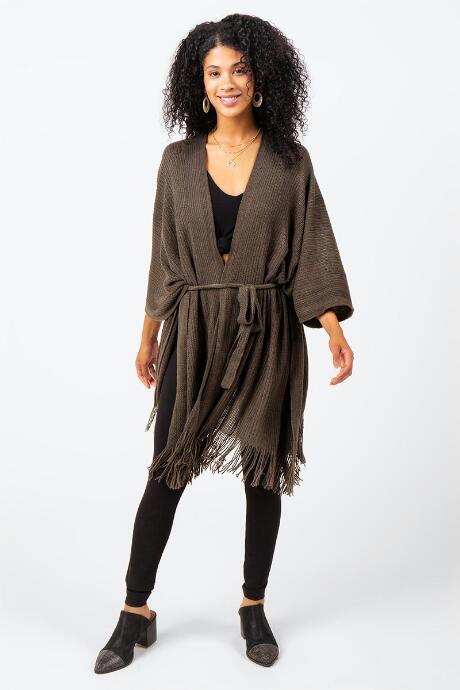 Francesca's Jean Belted Kimono With Fringe - Olive