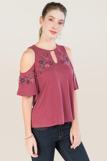 Teenplo Libby Keyhole Cold Shoulder Embroidered Cupro Top - Burgundy