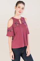 Teenplo Libby Keyhole Cold Shoulder Embroidered Cupro Top - Burgundy