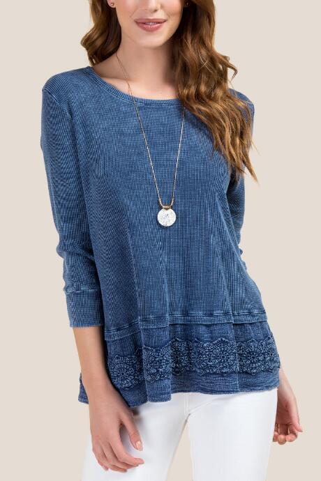 Francesca's Danielle Crochet Trim Waffle Top - Navy