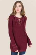 Blue Rain Dorothy Lace Up Neckline Pullover Sweater - Wine