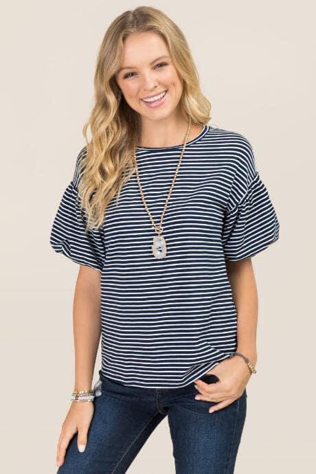 Lumiere Claressa Puff Tulip Sleeve Stripe Tee - Navy