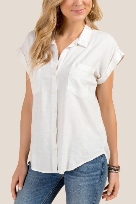 Francesca's Sherry Short Sleeve Envelope Back Button Down - White