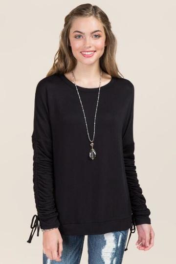 Sweet Claire Inc. Brynlee Ruche Sleeve Sweatshirt - Black