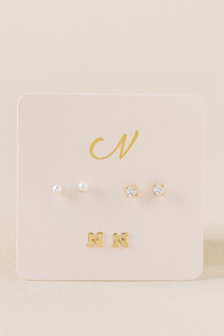Francesca's N Initial Cubic Zirconia Pearl Stud Earring Set - Gold