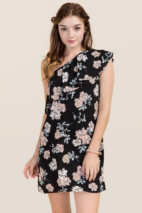 Francesca's Sadie Floral One Shoulder Dress - Black