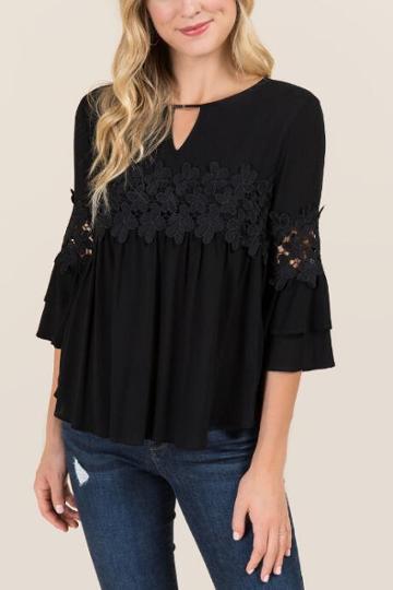 Gusb Evelina Double Ruffle Crochet Blouse - Black