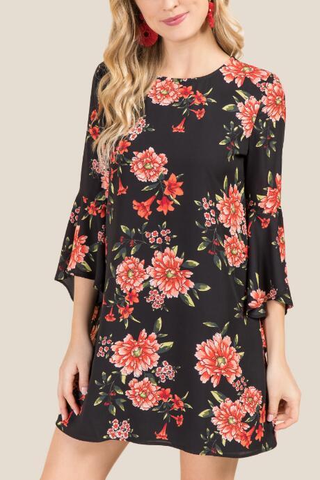 Blue Rain Kaya Floral Bell Sleeve Shift Dress - Black