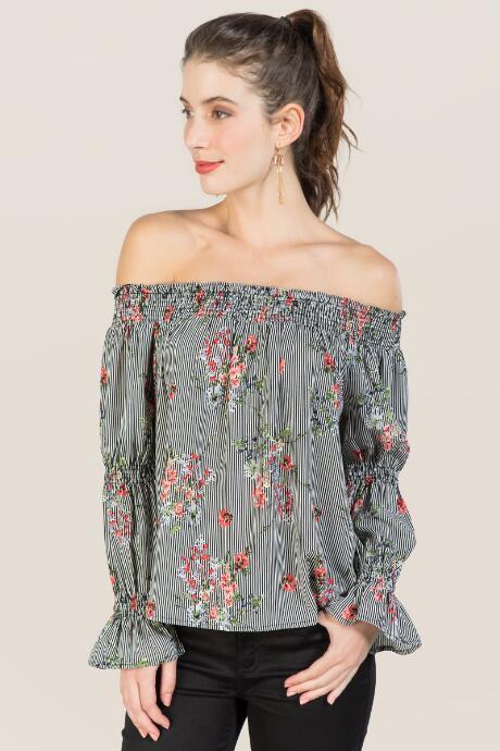 Line And Dot Alexa Floral Striped Off Shoulder Bell Sleeve Top - Black/white