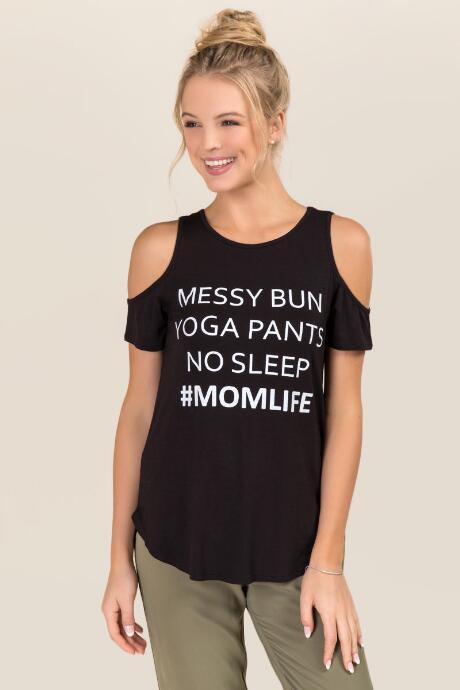 Alya Messy Bun Yoga Pants No Sleep Cold Shoulder Graphic Tee - Black