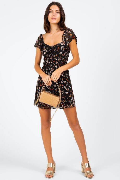 Francesca's Kenlee Floral Front Tie Dress - Black