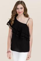 Blue Rain Barbie Ruffle One Shoulder Tassel Top - Black