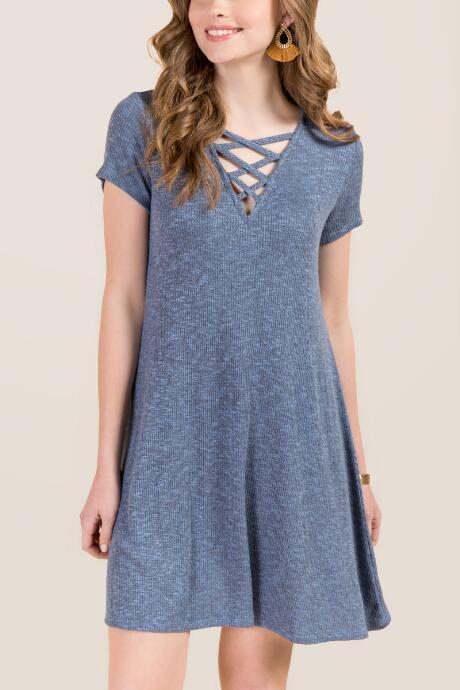 Francesca's Khloe Lattice Neck Knit Shift Dress - Oxford Blue
